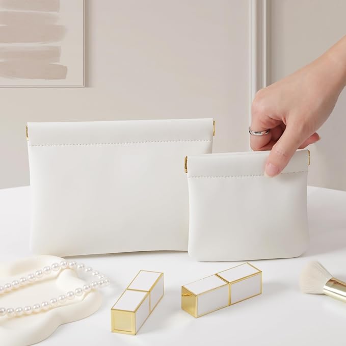 MEIBOOCH 2 Pack Small Makeup Bag for Women, New Organosilicon Super Fiber PU Leather Mini Cosmetic Bag for Travel, Coin Purse Organizer Storage Pouch (Cream)