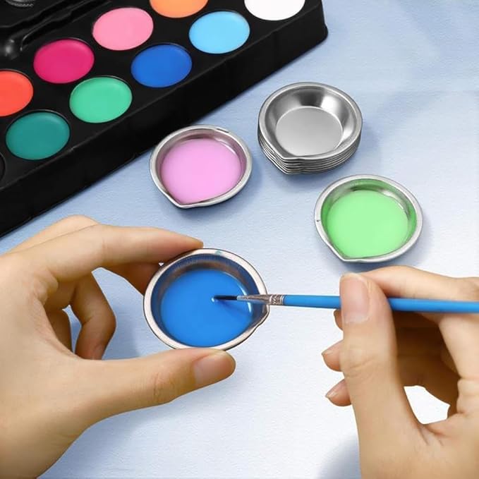 ccHuDE 12 Pcs Stainless Steel Paint Trays Small Round Metal Palette Makeup Cosmetic Mixing Palette with 2 Pcs Plastic Pipettes for Artist Watercolors