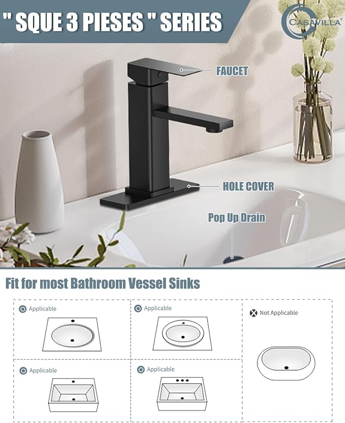 Bathroom Faucet Set with Pop Up Drain, Single Handle Black Bathroom Sink Faucet with Deck Plate, Farmhouse RV Vanity Faucets for Sink (1 Hole or 3 Holes)
