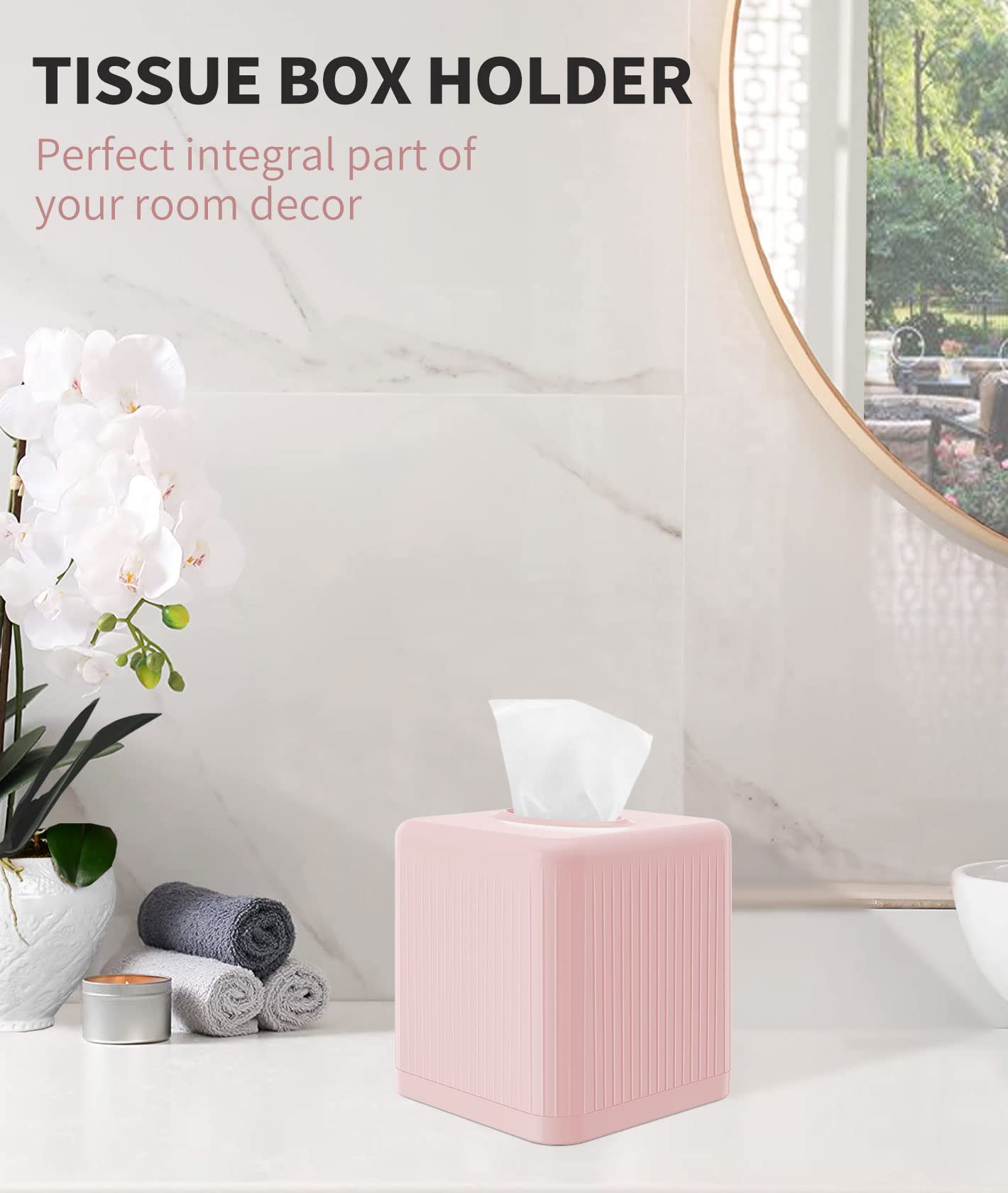 Livelab Tissue Box Cover with Base - Square Plastic Holder, Decorative Case, Modern Facial Paper Dispenser for Bathroom, Vanity Countertops, Night Stands, Desk - Pink