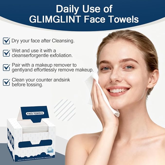 GLIMGLINT Face Towels，200 Count (4 Box) Disposable Face Towelettes, Biodegradable Makeup Remover Dry Wipes, Super Soft Clean Facial Towels Wash Cloth for Sensitive Skin