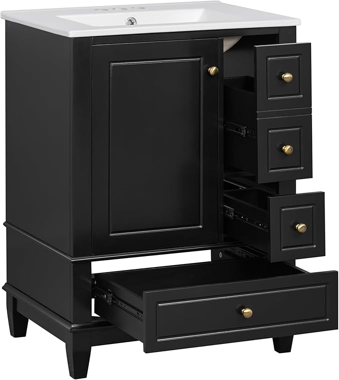 24" Bathroom Vanity with Sink, Harper & Bright Designs Free Standing Single Vanity Set with 3 Drawers and One Door with Storage Racks, Solid Wood Storage Cabinet with Ceramic Basin for Bathroom, Black