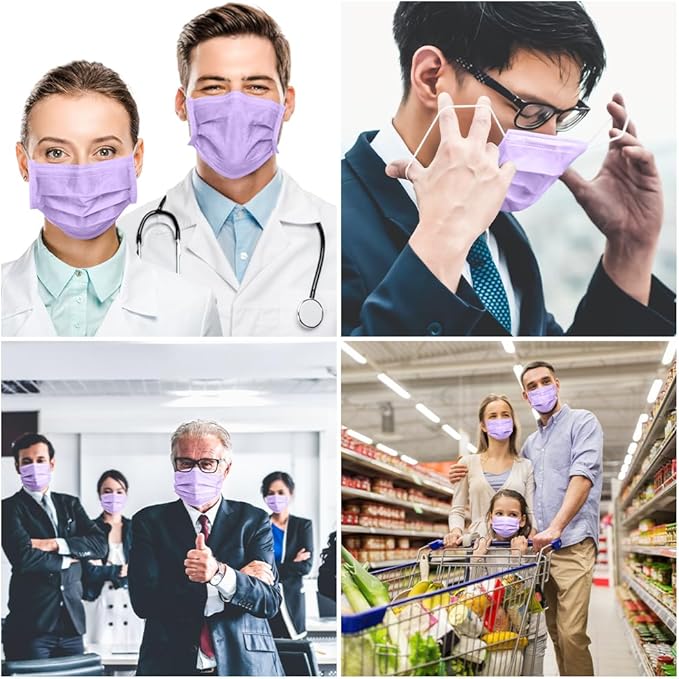 Disposable Face Masks for Adults,Premium 4ply Level2 Masks,MasksDisposable,Individually Wrapped Pack 50(Purple)