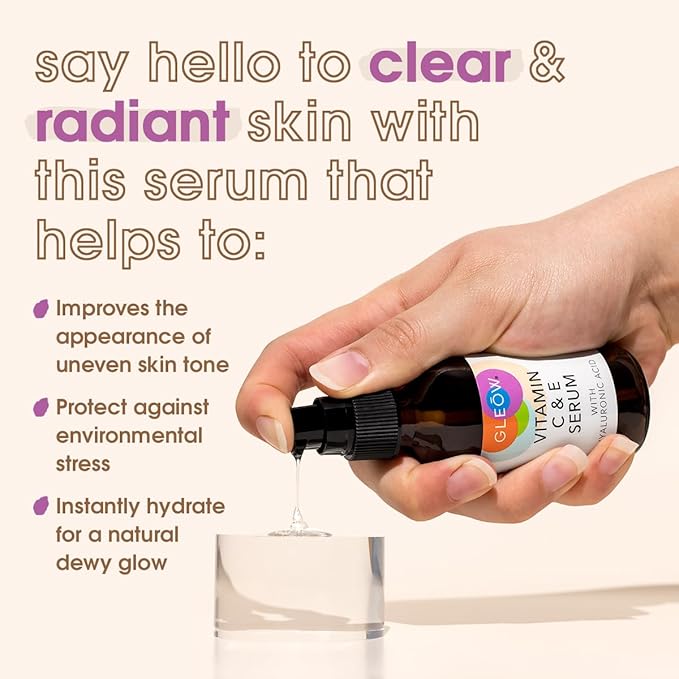 GLEOW Vitamin C Serum for Face with Hyaluronic Acid and Vitamin E, Brightening Face Serum Targets the Appearance of Fine Lines and Uneven Skin Tone, 2 oz
