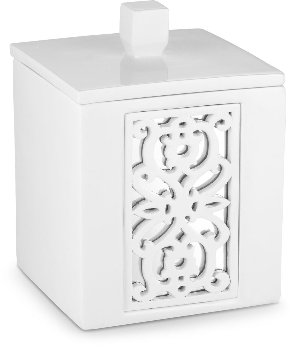 Creative Scents Mirror Janette White Qtip Holder With Lid - Decorative Cotton Ball Jar - Durable Cotton Swab Container - Beautiful Bathroom Vanity Accessories - Elegant Bath Storage