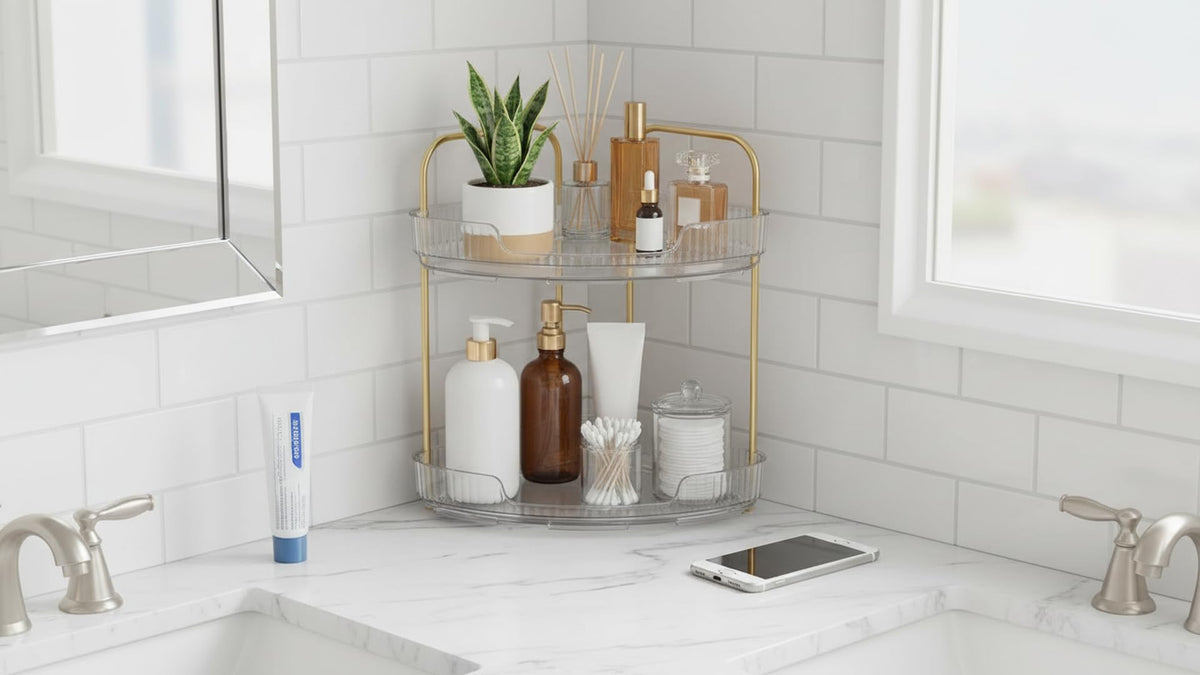 2-Tier Acrylic Corner Bathroom Organizer, 9" x 9" x 11" Large Round Countertop Shelf with Handle, Clear Acrylic Skincare & Makeup Storage Tray, Waterproof Vanity Organizer for Kitchen & Dresser