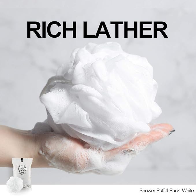 Loofah Sponge Bath Sponge for Women Men 4 Pack (White)