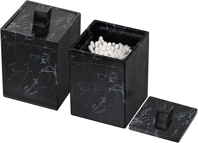 Jung Ford 2-Pack Marble Pattern Cotton Swab Holders with Lids, Resin Bathroom Vanity Storage Jars, Square Qtip Containers for Cotton Balls, Pads, and More (Black)