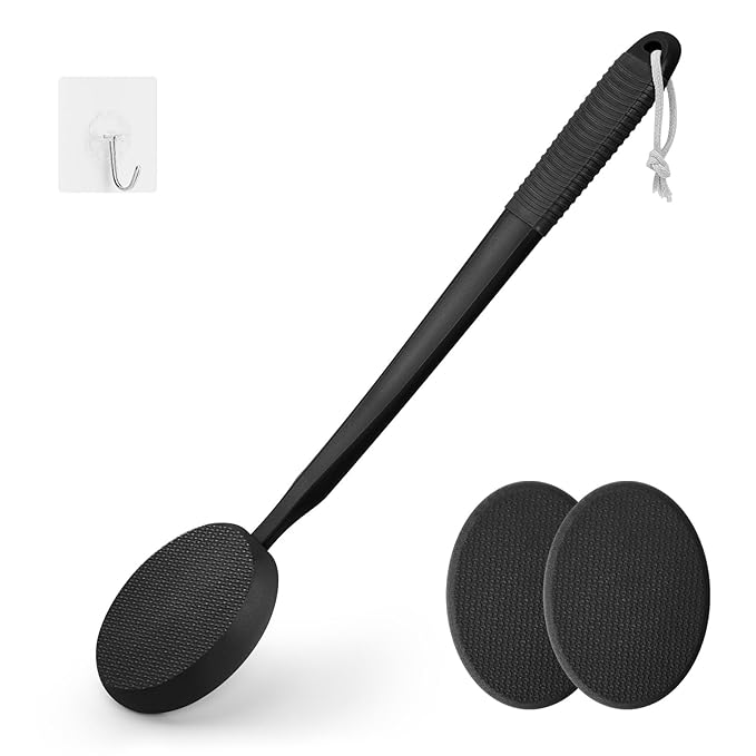 Lotion Applicator for Back, Feet & Legs, Long Plastic Handle Moisturizer Cream, Self Tanning, Sunscreen, Ointment, Medicine Back Applicator for Elderly Men or Women with 4 Washable Pads (Dark)