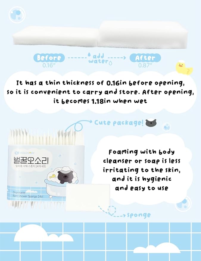 KULOSORY Disposable Bath Sponge White 24Pack / Easy to Carry Anytime, Anywhere/Travel, Camping, Clean Shower Supplies