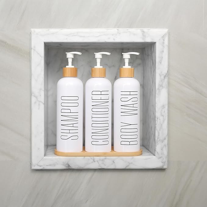Prus Waso Shampoo and Conditioner Dispenser, Contains Shampoo Conditioner Body Wash Dispenser. Shower Soap Dispenser with Bamboo Pumps & Tray, Perfect for Modern Bathroom Decor. (White)