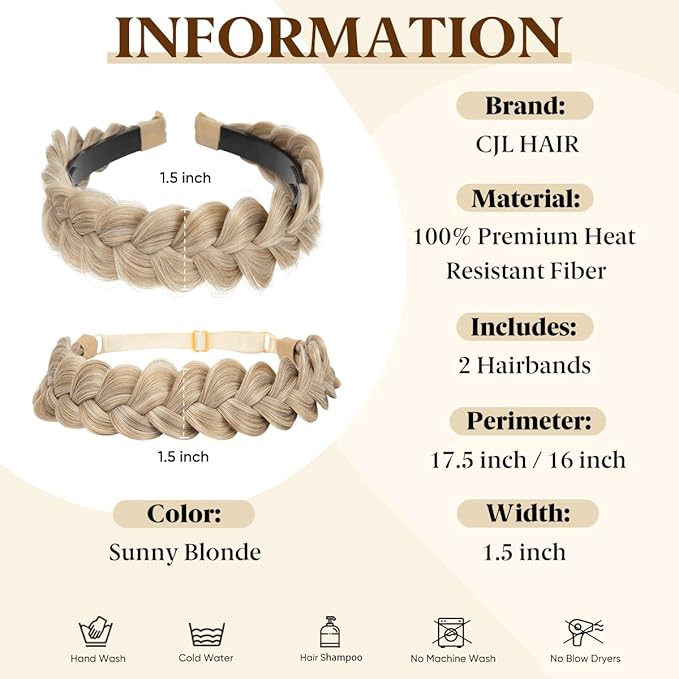 CJL HAIR 2PCs Braided Headbands Hair Piece for Women Synthetic Hair Hoops Head Bands Handmade Braid Hairband Accessories Elastic Stretch Headwrap Sunny Blonde