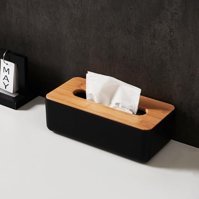 Tissue Box with Bamboo Cover,Plastic Tissue Organizer,Bathroom Tissue Dispenser for Home,Bedroom,Office,Living Room,8.1×4.6×2.9 in (Black)