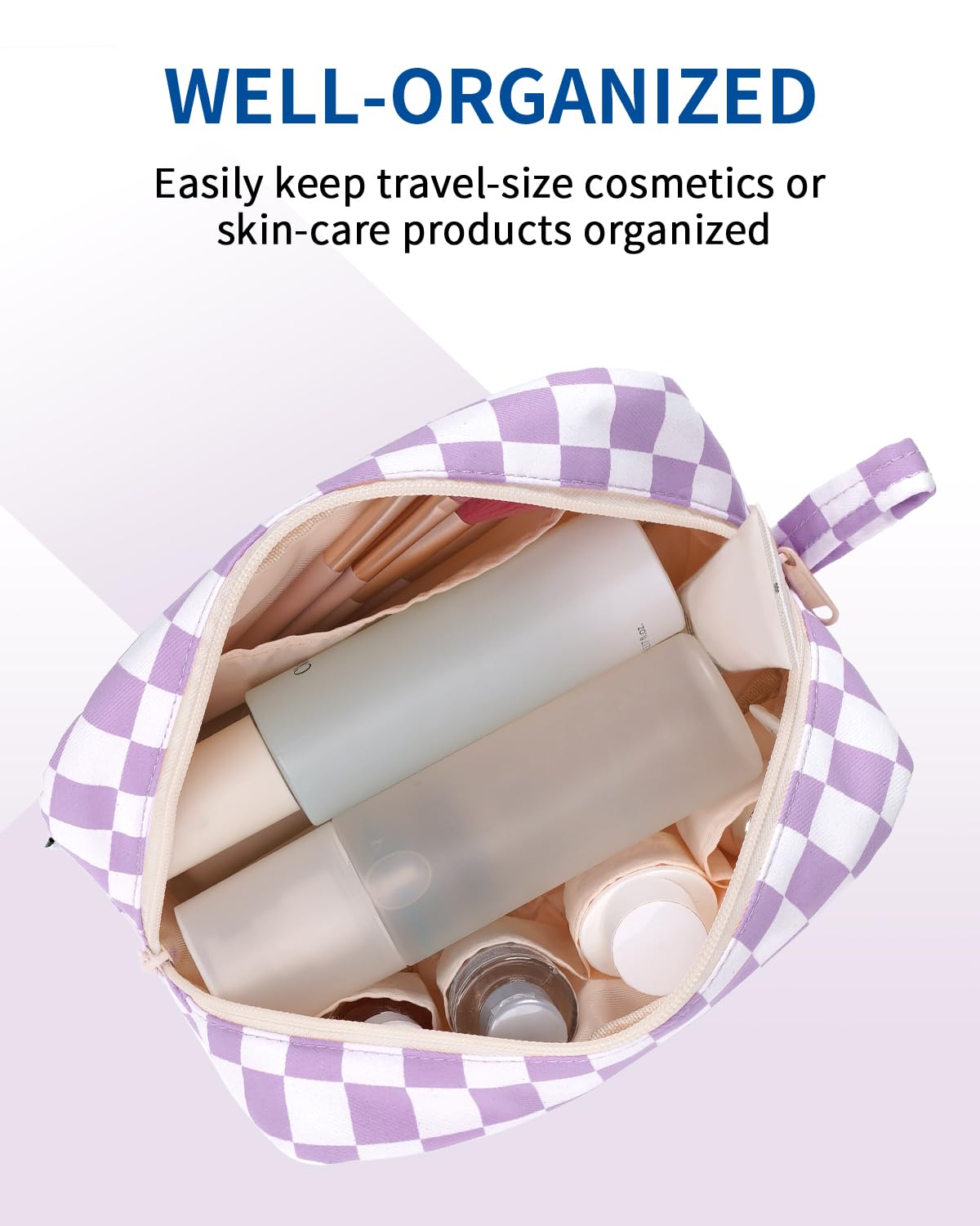 Narwey Checkered Makeup Bag Travel Cosmetic Bag Organizer Small Toiletry Bag Make Up Bags with Organized Pockets for Women (Purple Checkerboard, Large)
