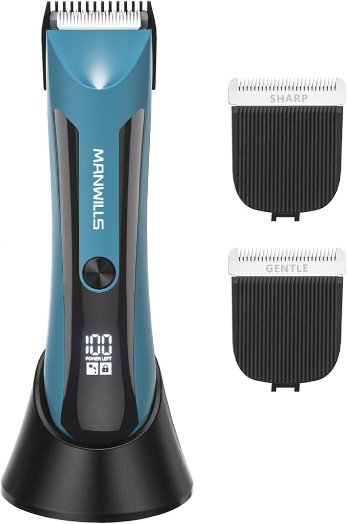 ManWills Body Hair Trimmer Men - Body Groomer, Groin Hair Trimmer for Men Waterproof Wet/Dry Use, Electric Ball Trimmer/Shaver with Charging Dock, Male Hygiene Razor, Mens Grooming Kit