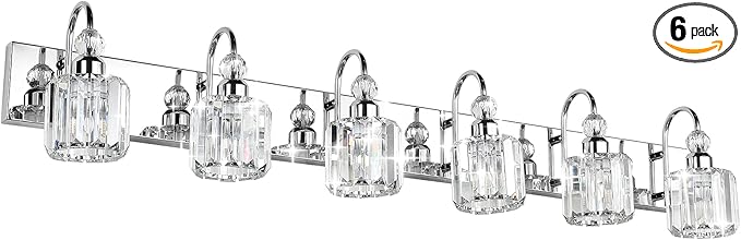 Ralbay 6-Lights Stainless Steel Crystal Bathroom Vanity Lights Over Long Mirror Modern Crystal Vanity Lighting Fixtures for Bathroom