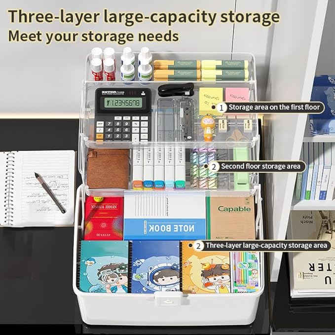 12.9in Three-Layer Multipurpose Storage Box with Handle Portable Tackle Box Folding Art & Craft Case Sewing Supplies Organizer for Makeup, Medicine, Nail, Hair Accessories (Haze Green)