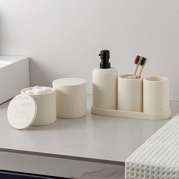 WUUAHOME Bathroom Accessories Set, Travertine Stone-Look, 6 PCS Bathroom Accessory Set with Soap Dispenser, Toothbrush Holder, Tumbler, Vanity Tray, Cotton Swab Jars for Countertop (Off White 6 PCS)