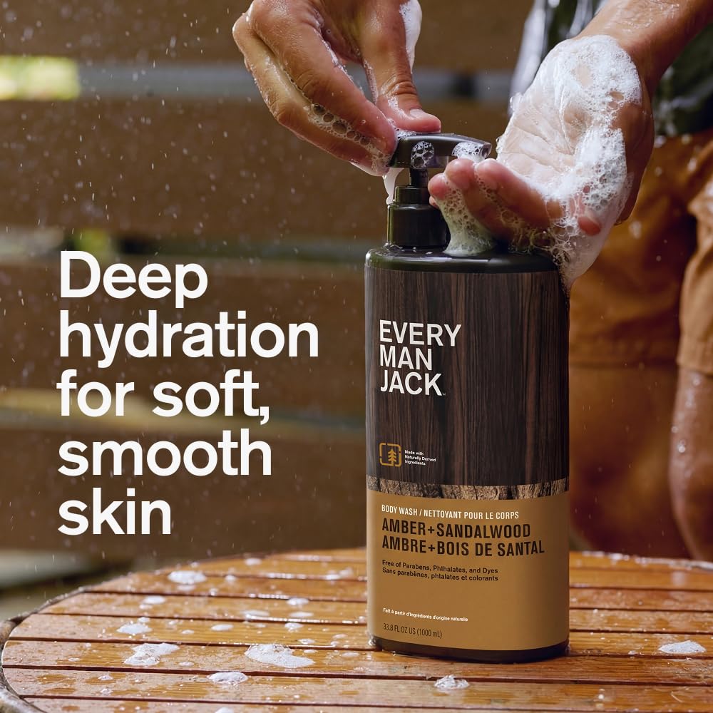 Every Man Jack Nourishing Amber + Sandalwood Mens Body Wash for All Skin Types - Cleanse, Nourish, and Hydrate Skin with Naturally Derived Coconut, Glycerin - 33.8 fl oz - 2 Bottles