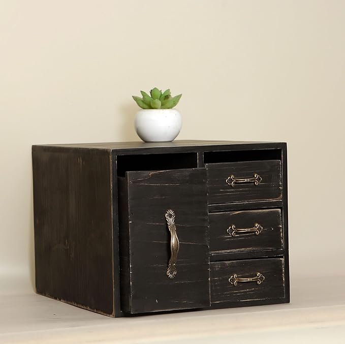 Juleduo Rustic Beauty Organizer 4 Drawers - kitchen storage Wooden Cosmetic Storage Box for Neat & Home Office Desk &Organize &Storing of Makeup Tools,Bathroom Counter-top(Black, L)
