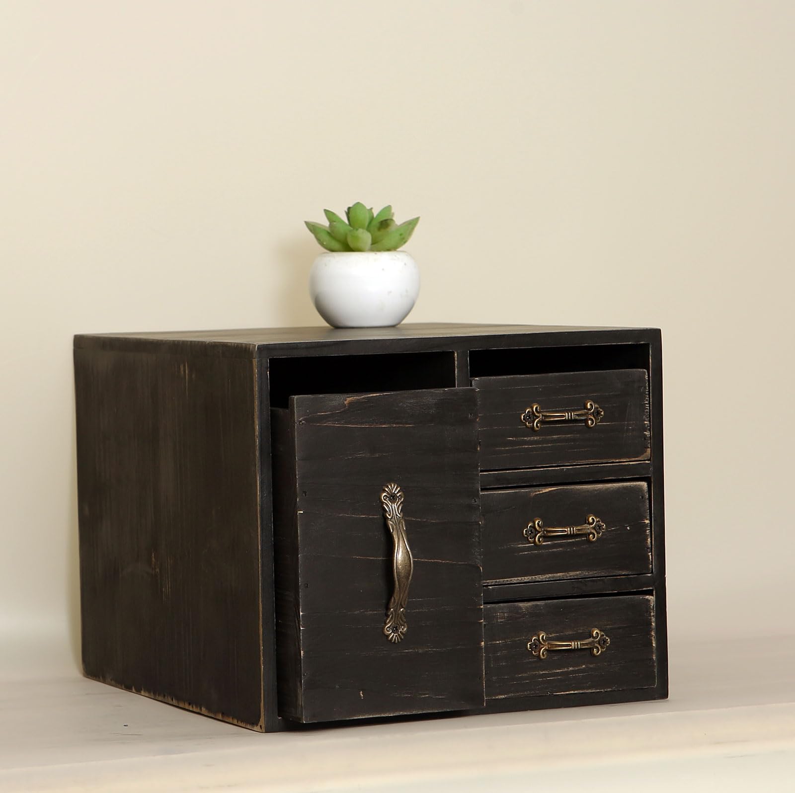Juleduo Rustic Beauty Organizer 4 Drawers - kitchen storage Wooden Cosmetic Storage Box for Neat & Home Office Desk &Organize &Storing of Makeup Tools,Bathroom Counter-top(Black, L)