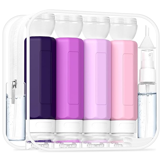 Redfly 17 Pack Travel Bottles for Toiletries, Tsa Approved 3oz Travel Size Containers, Leak Proof Travel Size Toiletries Bottles Silicone, BPA Free Refillable Shampoo Conditioners Kit, Purple