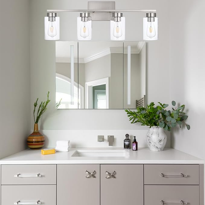 A1A9 4 Light Bathroom Vanity Light Fixtures, Brush Nickel Modern Wall Lights with Clear Glass Shade, Vintage Wall Sconce Lighting for Living Room, Mirror, Bedroom, Hallway (Nickel, 4-Lights)
