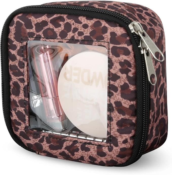 DOB SECHS Mini Leopard Makeup Bag for Purse 5.1'' x 5.1'' Small Makeup Bag for Car Cute Clear Cosmetic Bags with Zipper, Tiny Toiletry Bag Lipstick Organizer Pouch Case Travel Essentials Storage Pouch