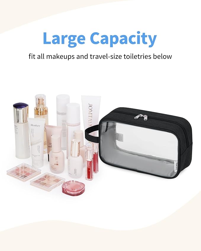 Narwey Clear Travel Toiletry Bags for Traveling Toiletries Men Women, Clear Makeup Bag Cosmetic Bag with Zipper, Make Up Pouch Organizer Bag with Handle, Skincare Beach Snack Medicine Bag, Black