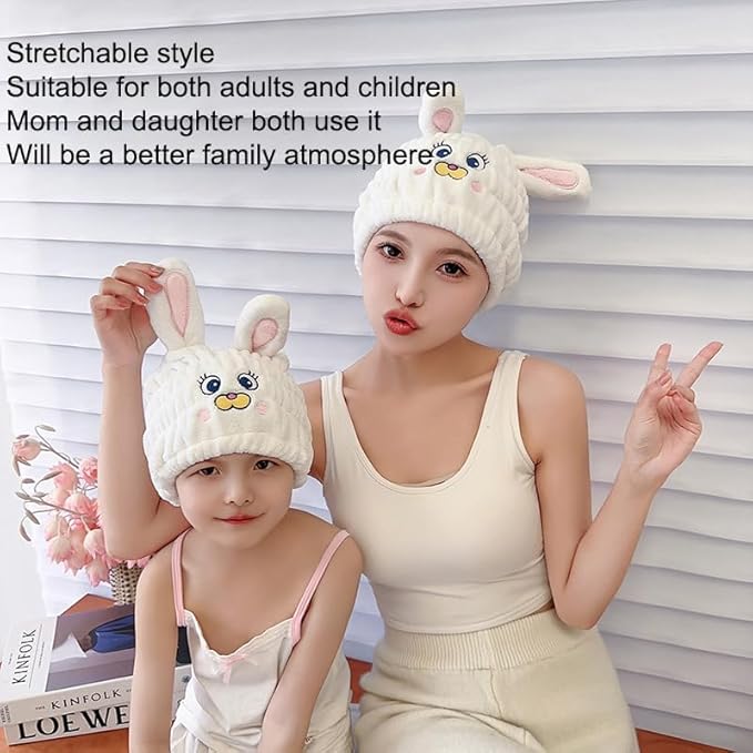 NAWPHEKI Animal Hair Drying Towel Caps, 2Pcs White Rabbit Girls Hair Dry Wrap Women Absorbent Turban Towel, Cute Children Hair Drying Wrap as Gift