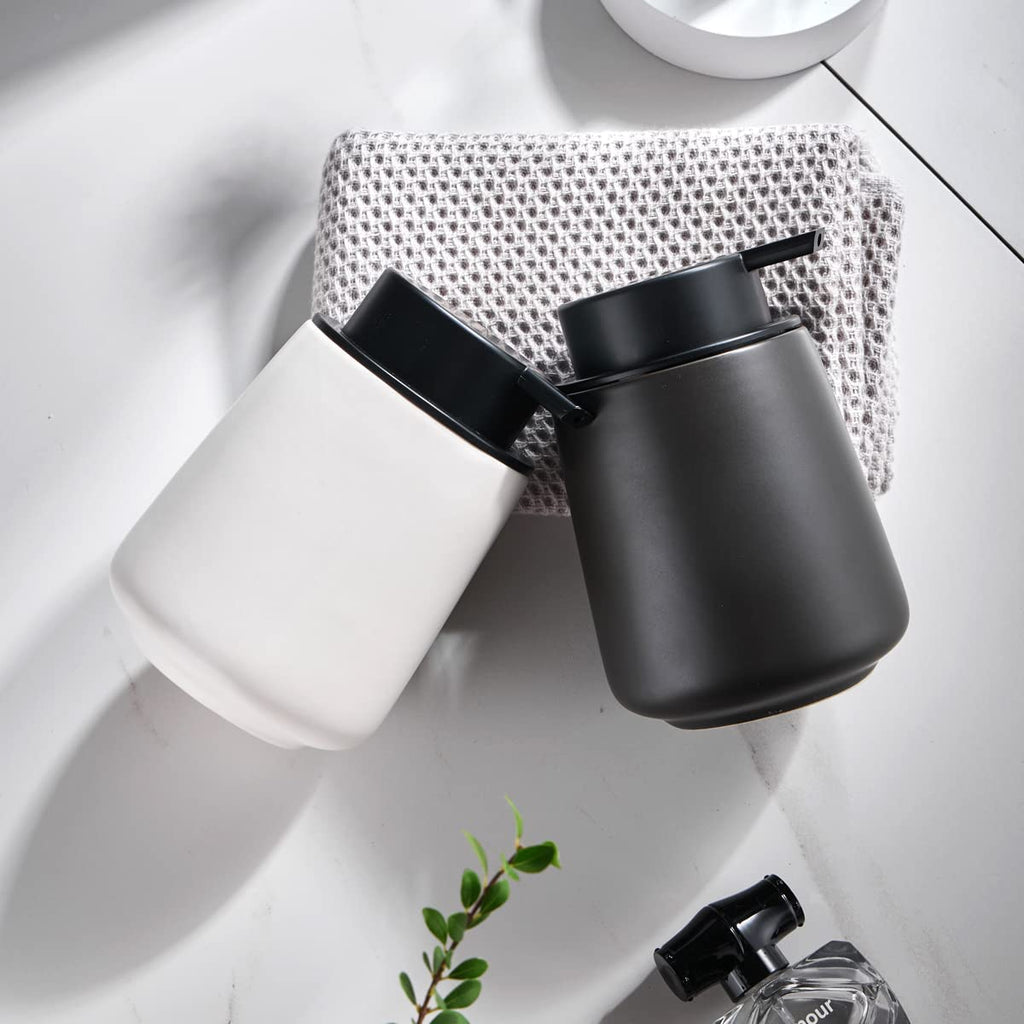 12Oz White Soap Dispenser - Modern Ceramic Lotion Hand Soap Dispenser with Easy-to-Press Black Pump, Reusable and Refillable Liquid Dish Soap Dispensers for Bathroom & Kitchen