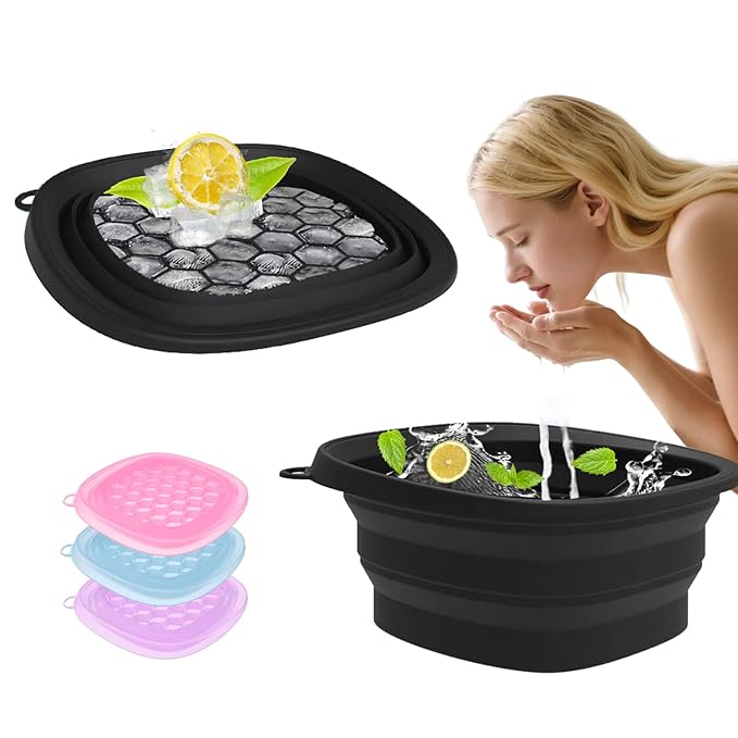 EBIGIC Face Bowl for Ice with Built-in IceTray,Collapsible Silicone Face Ice Bowl – Cold Plunge Therapy for Skin Tightening & Facial Treatment– Portable Spa Tool for Home & Travel（Black)
