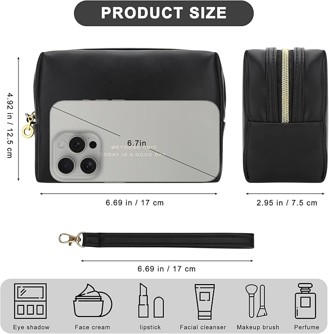 JINSI Small Makeup Bag Travel Cosmetic Bag Toiletry Zipper Pouch Make Up Organizer Bag with Handle Purse for Women Soft PU Leather Skincare Case (Black)