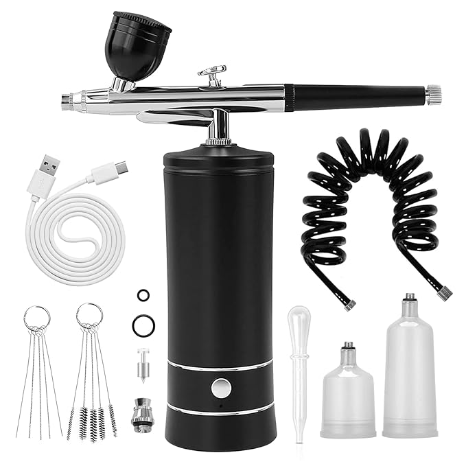 Airbrush Kit Air Brush Kit With Air Compressor Nail Charms Wireless Air Brush for Barber, Nail Art, Makeup, Model Painting(Black - with extension tube)