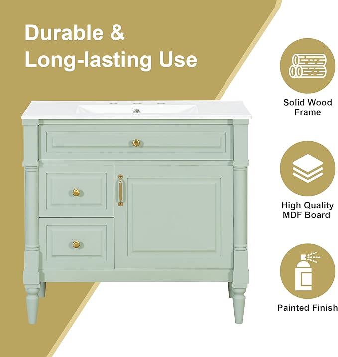 Harper & Bright Designs 36" Bathroom Vanity with Sink, Free Standing Bathroom Vanity Set with Flip Drawer, 2 Drawers, and Adjustable Shelf, Wood Storage Cabinet with Ceramic Basin for Bathroom, Green