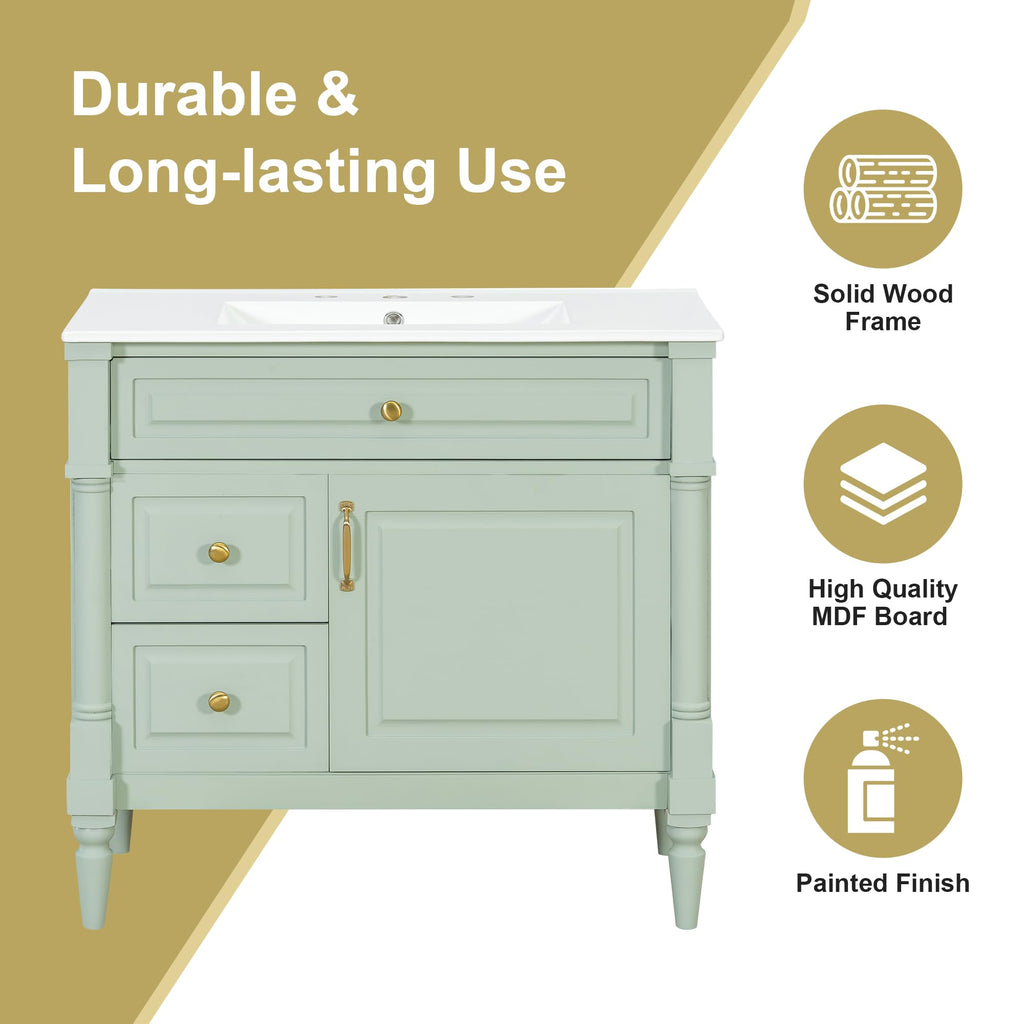 Harper & Bright Designs 36" Bathroom Vanity with Sink, Free Standing Bathroom Vanity Set with Flip Drawer, 2 Drawers, and Adjustable Shelf, Wood Storage Cabinet with Ceramic Basin for Bathroom, Green