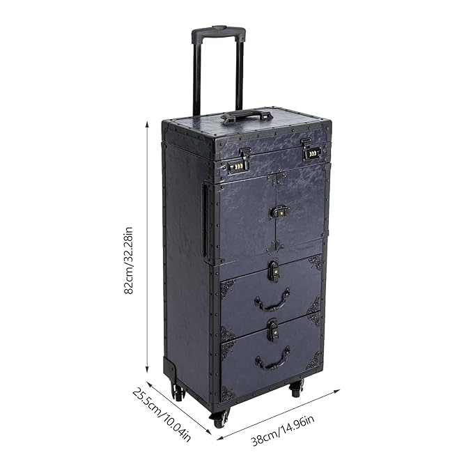 CNCEST Beauty Salon Luggage,Rolling Lockable Makeup Train Case Hairdressing Trolley Stylist Beauty Salon Cosmetic Luggage Travel Organizer Tool Box with Hair Dryer Holder(Dark Blue)