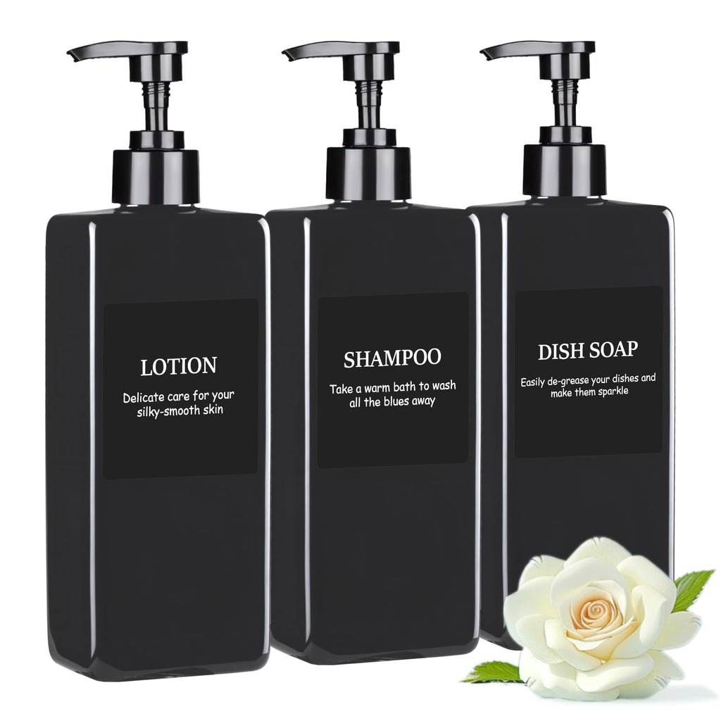 Refillable Shampoo and Conditioner Dispenser Plastic Shampoo Pump Bottles Set for Bathroom with Waterproof Labels