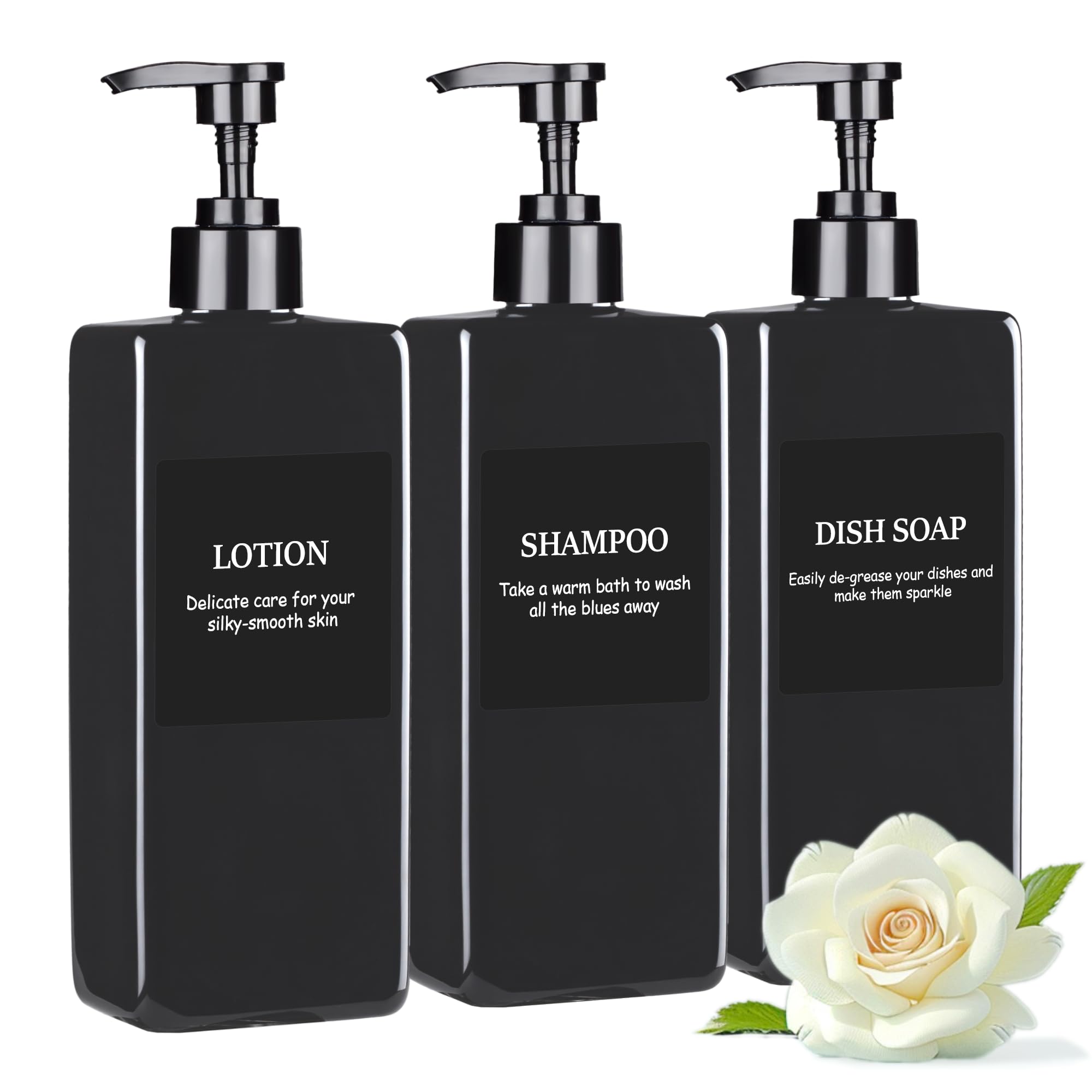 Refillable Shampoo and Conditioner Dispenser Plastic Shampoo Pump Bottles Set for Bathroom with Waterproof Labels