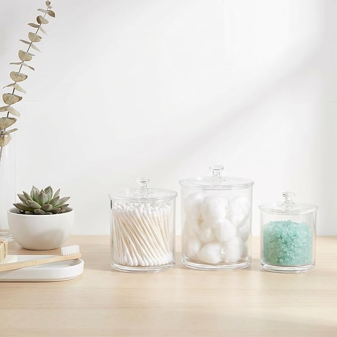 SheeChung 3 Pack Apothecary Jars with Lids,Qtip Holder Bathroom Set,Acrylic Storage Containers,Cotton Ball and Q tip Holder Set,Clear Bathroom Containers with Labels,Bathroom Organizers and Storage