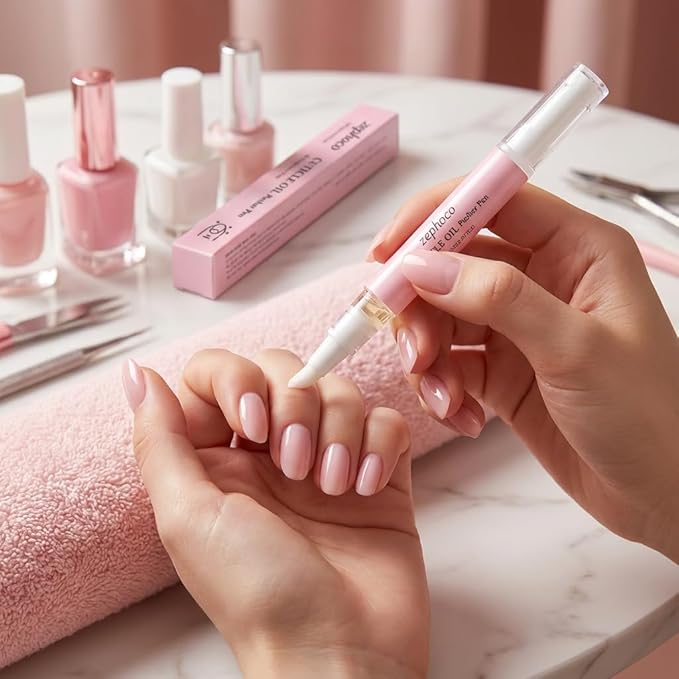 Rhostry Ceramic Cuticle Pusher & Nail Oil Pen, 2-in-1 Nail Care Tool for Sensitive or Damaged Nails, Gentle Hangnail Remover, Portable Nail Pen with Stainless Steel Cuticle Cleaner (Pink)