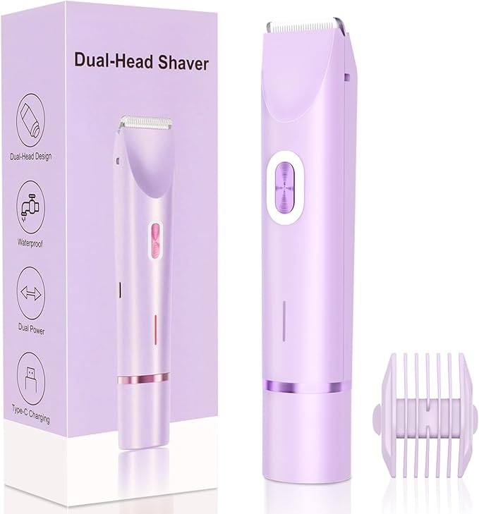 New 2-in-1 Electric Bikini Trimmer for Women - Dual Head Electric Razor,Waterproof Painless Bikini Shaver, Pubic Hair Trimmer for Private Area & Body Hair, Purple