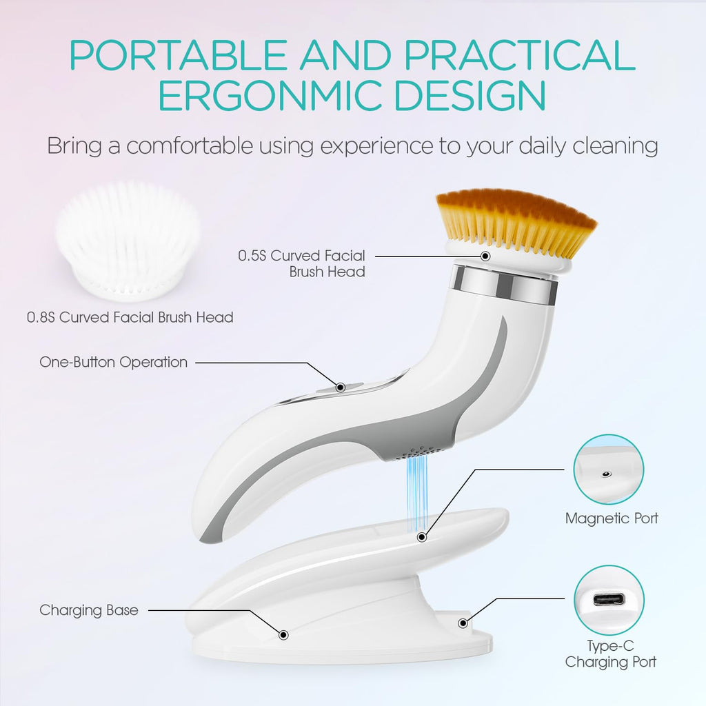 VOGOE Facial Cleansing Brush-Spin Face Scrubber Exfoliator Rechargeable, 2-Speed Rotation, Electric Face Wash Brushes for Cleansing and Exfoliating, with 2 Brush Heads, Grey