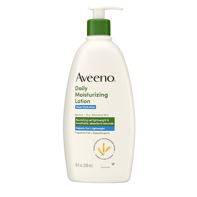 Aveeno Daily Moisturizing Sheer Hydration Fragrance-Free Lotion with Prebiotic Oat for Dry Skin, Lightweight, Non-Greasy and Fast-Absorbing Body Lotion Nourishes Skin with 48-Hour Moisture, 18 Fl Oz
