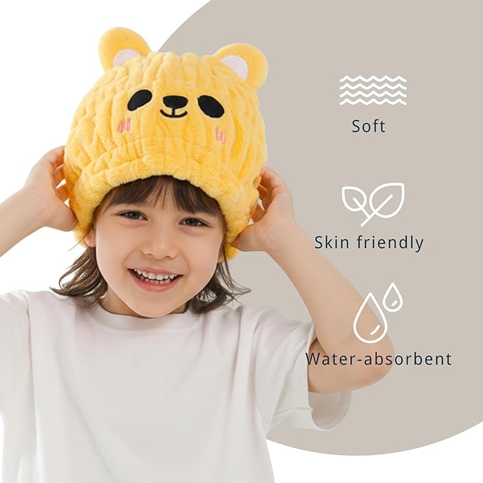 LCBD Microfiber Hair Towel Wrap for Kids, Yellow Bear Dry Hair Cap Suck Water, Absorbent Quick Girls Boys Hair Drying Towel, Lightweight Bouncy Hat Headscarf