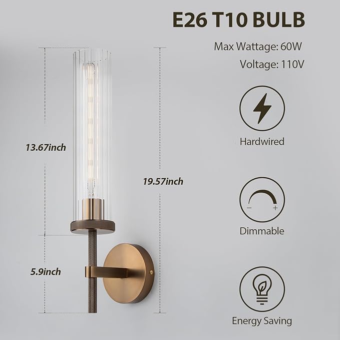 19.5" Knurled Bronze Hardwired Wall Sconces Set of 2, Bathroom Vanity Light Fixtures with Vertical Striped Glass Tube, Modern Lamp for Bedroom, Living Room, Hallway, Staircase, Mirror, Kitchen