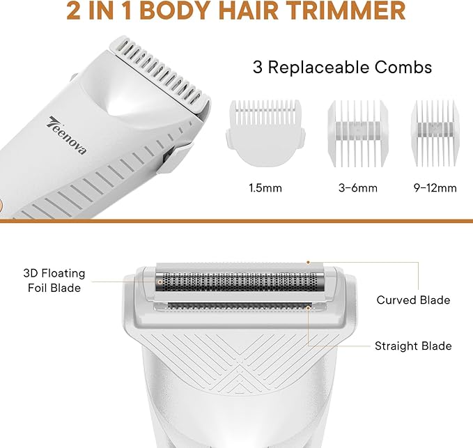 TEENOVA Pubic & Body Hair Trimmer for Men, 2 In 1 Electric Ball Groin Razor Shaver with Ceramic Blade, No Nick Mens Grooming Kits for Wet/Dry Use, Cordless Charging Body Groomer with Led Display,White