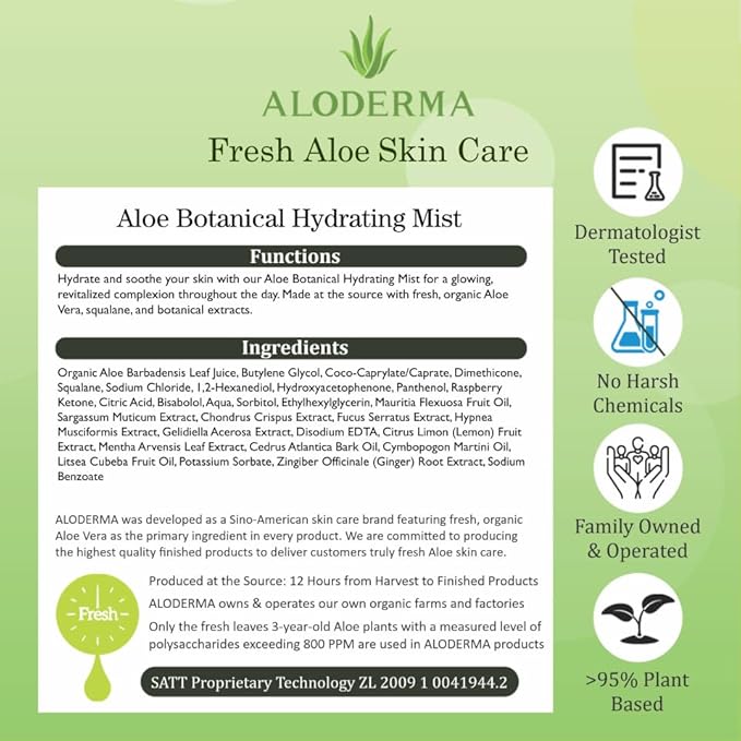 Aloderma Refreshing Hydrating Mister - Made with Fresh Organic Aloe Vera Juice within 12 Hours of Harvest, Lightweight Fine Mist Facial Spray Perfect for Summer- Instant Skin Hydration, 120ml/4.23Oz