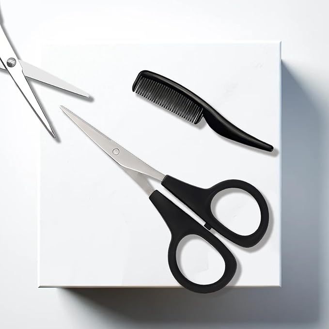 2 Pack Men's Beard & Mustache Scissors & Mini Comb Trimming Kit Black 4 inch