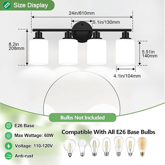 Zarbitta 4-Light Bathroom Light Fixtures, Black Modern Vanity Lights with Milky White Frosted Glass Shades, Bathroom Wall Lamp for Mirror Kitchen Living Room